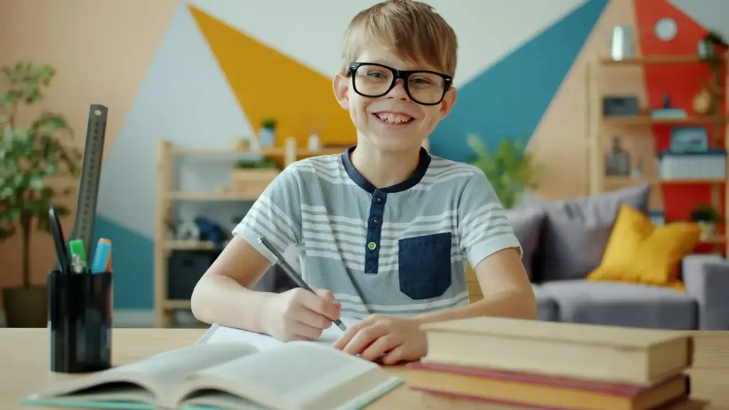 Wann ist Nachhilfe sinnvoll? 7 Anzeichen, auf die Eltern achten sollten Lächelnder Junge mit Brille lernt am Schreibtisch